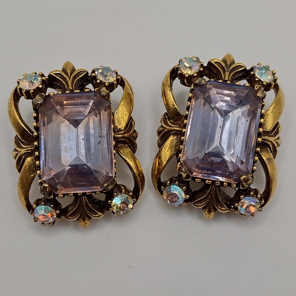 Florenza Jewelry - True Vtg. Florenza Ornate Clip Earrings Lavender Rhinestones Gold Tone